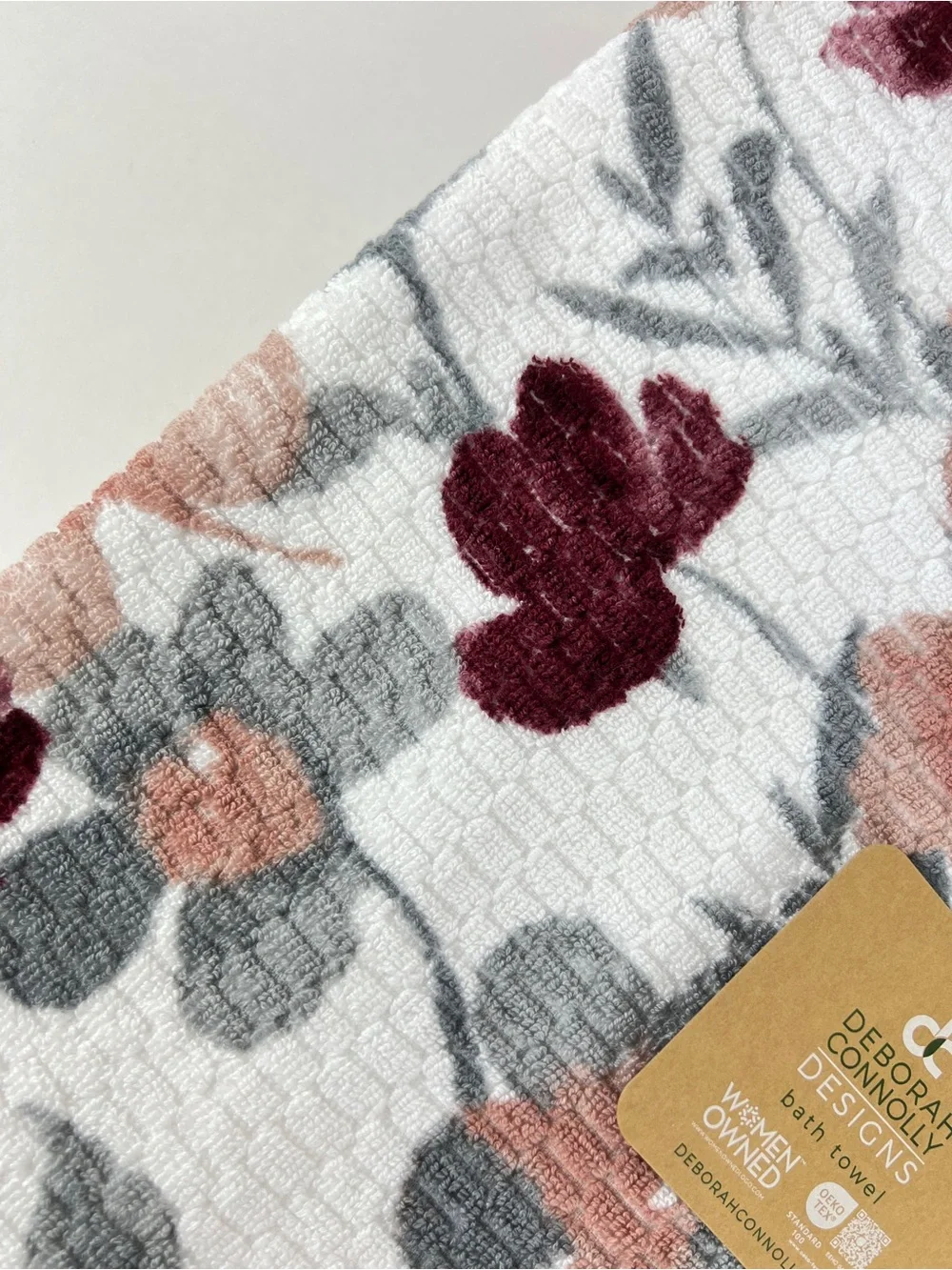 Deborah Connolly Bath Towel Set Burgundy Gray White Floral Extra Soft 6 Pc NEW